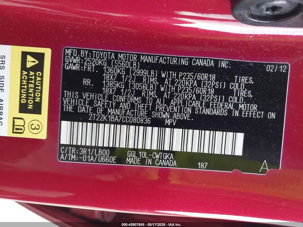 2T2ZK1BA7CC080836 2012 LEXUS RX photo no. 9