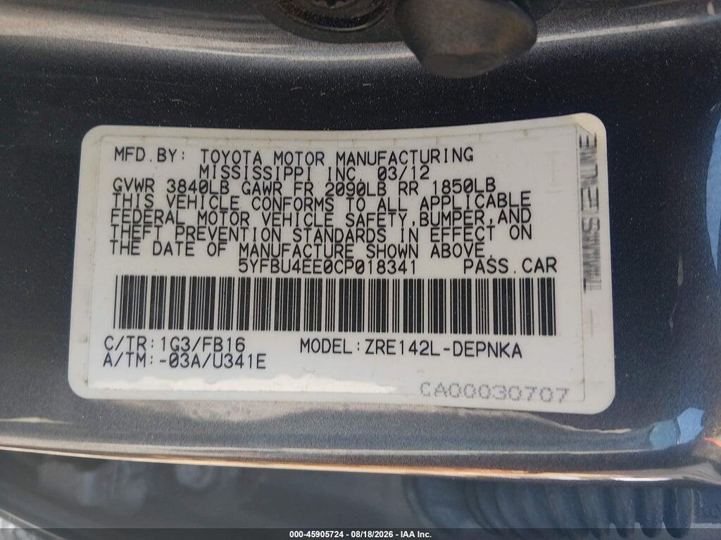 5YFBU4EE0CP018341 2012 TOYOTA COROLLA photo no. 9