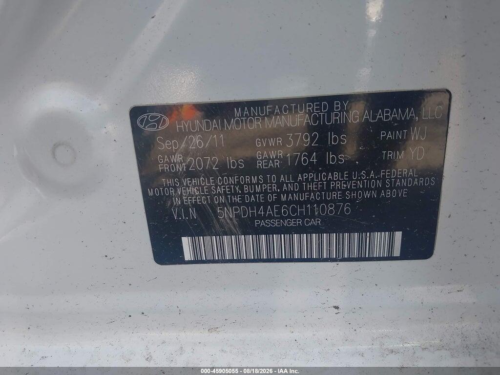 5NPDH4AE6CH110876 2012 HYUNDAI ELANTRA photo no. 9