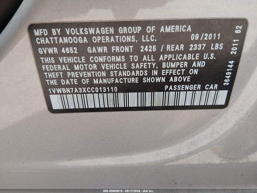 1VWBN7A3XCC013110 2012 VOLKSWAGEN PASSAT photo no. 9