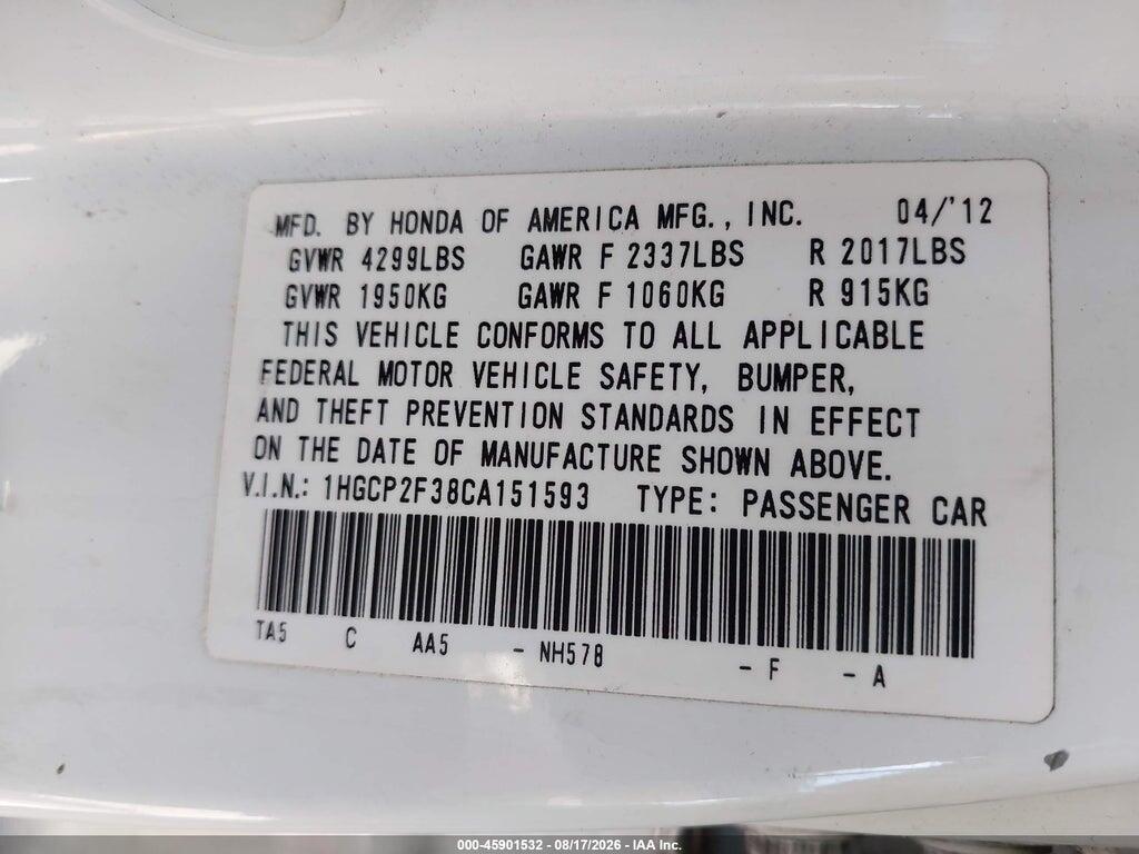 1HGCP2F38CA151593 2012 HONDA ACCORD SDN photo no. 9