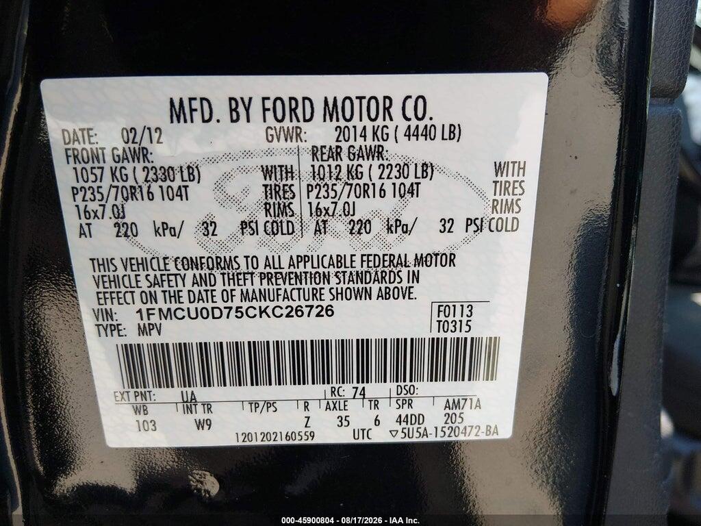 1FMCU0D75CKC26726 2012 FORD ESCAPE photo no. 9