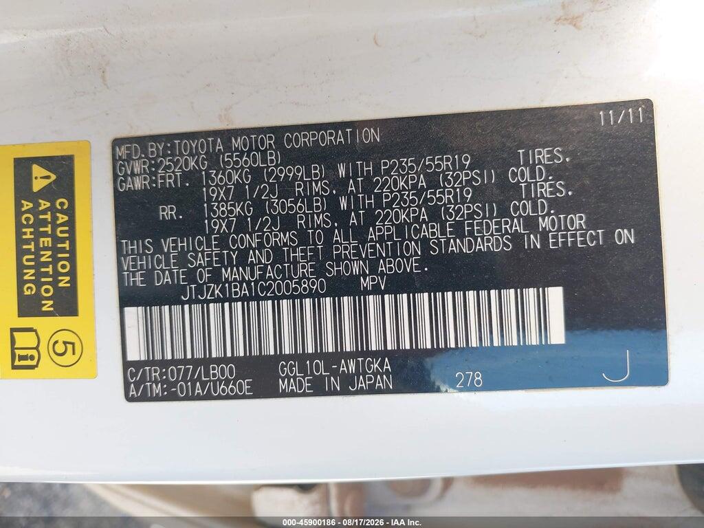 JTJZK1BA1C2005890 2012 LEXUS RX 350 photo no. 9
