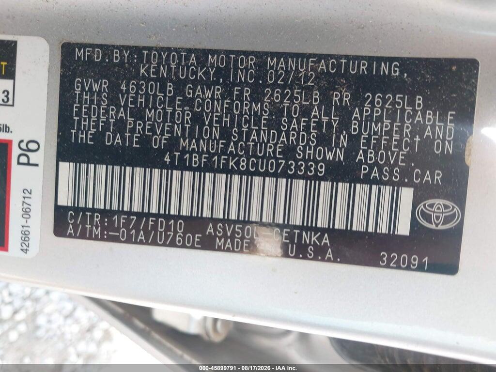 4T1BF1FK8CU073339 2012 TOYOTA CAMRY photo no. 9