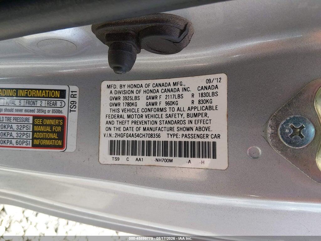 2HGFG4A54CH708356 2012 HONDA CIVIC photo no. 9
