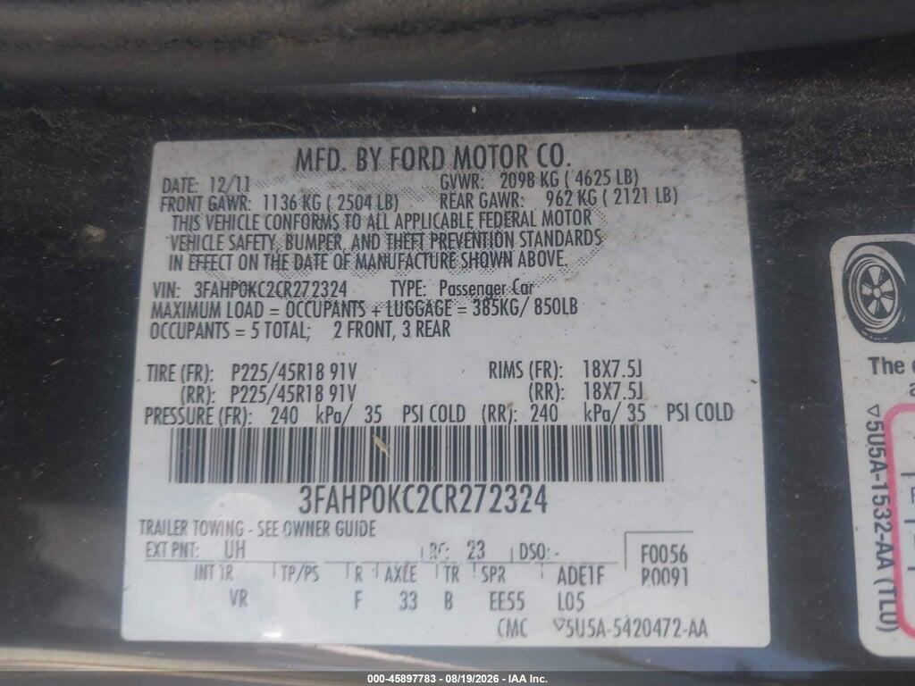 3FAHP0KC2CR272324 2012 FORD FUSION photo no. 9