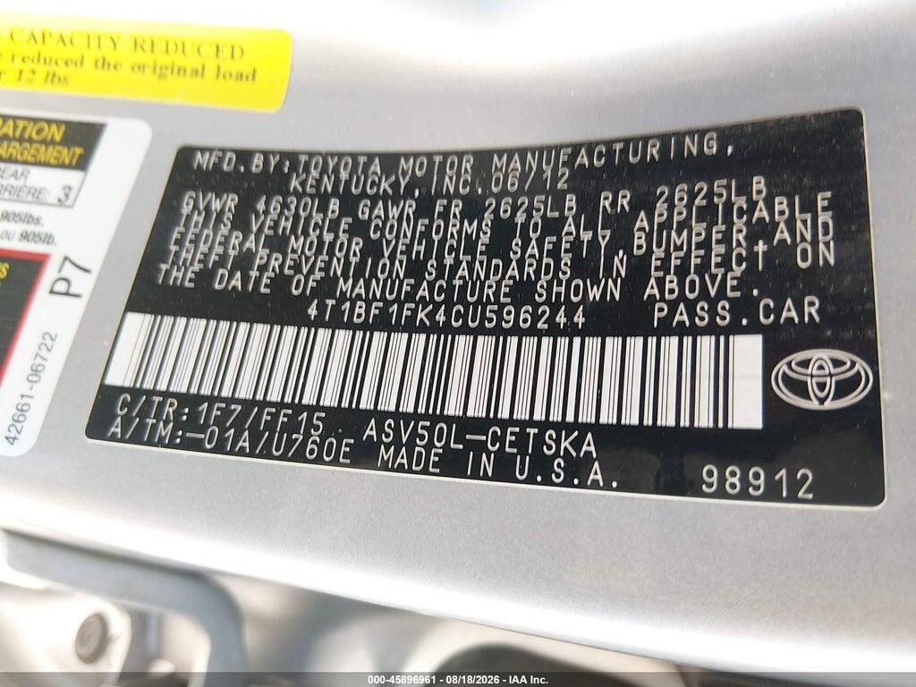 4T1BF1FK4CU596244 2012 TOYOTA CAMRY photo no. 9