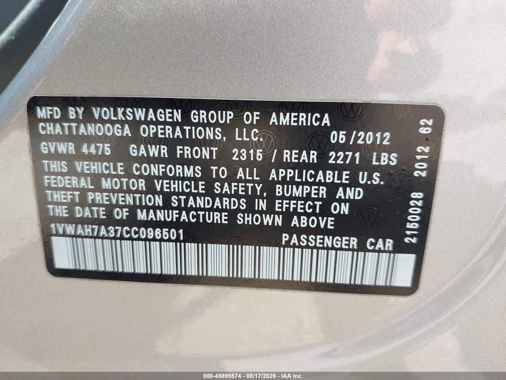 1VWAH7A37CC096501 2012 VOLKSWAGEN PASSAT photo no. 9