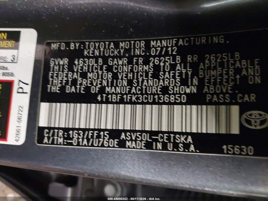 4T1BF1FK3CU136850 2012 TOYOTA CAMRY photo no. 9