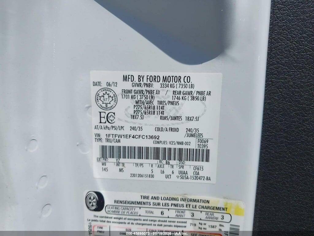 1FTFW1EF4CFC13692 2012 FORD F-150 photo no. 9