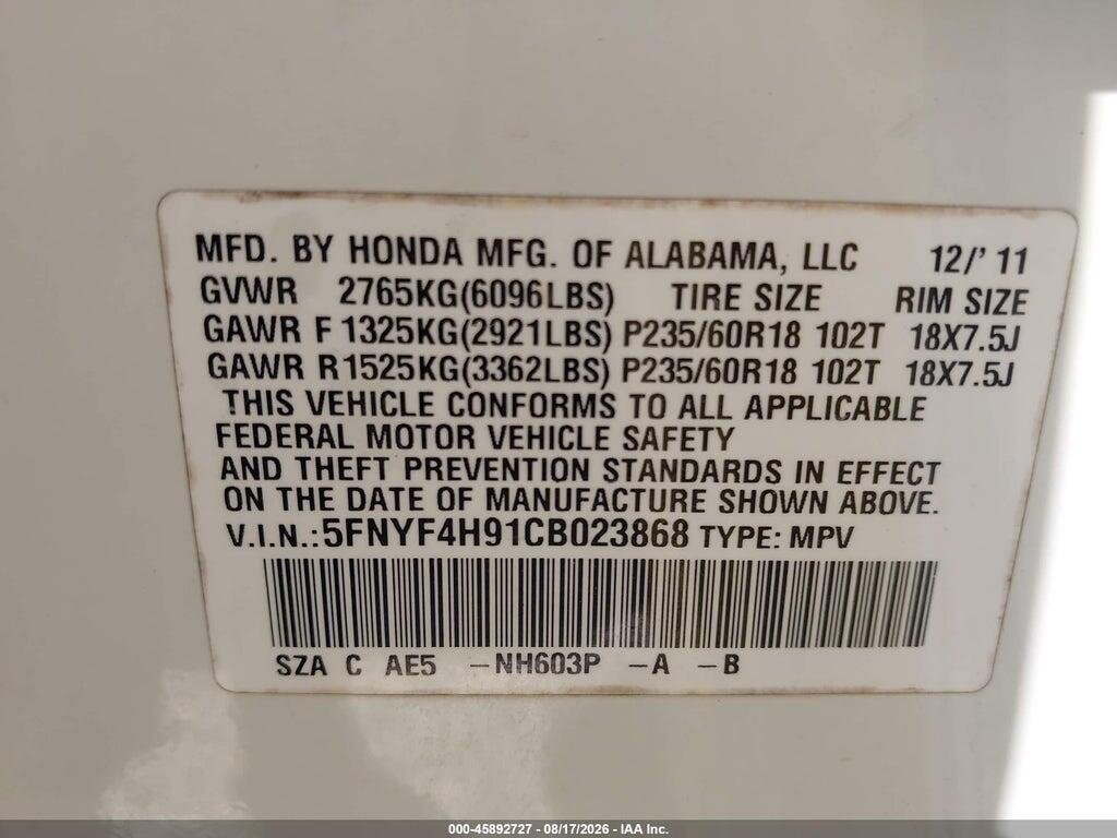 5FNYF4H91CB023868 2012 HONDA PILOT photo no. 9