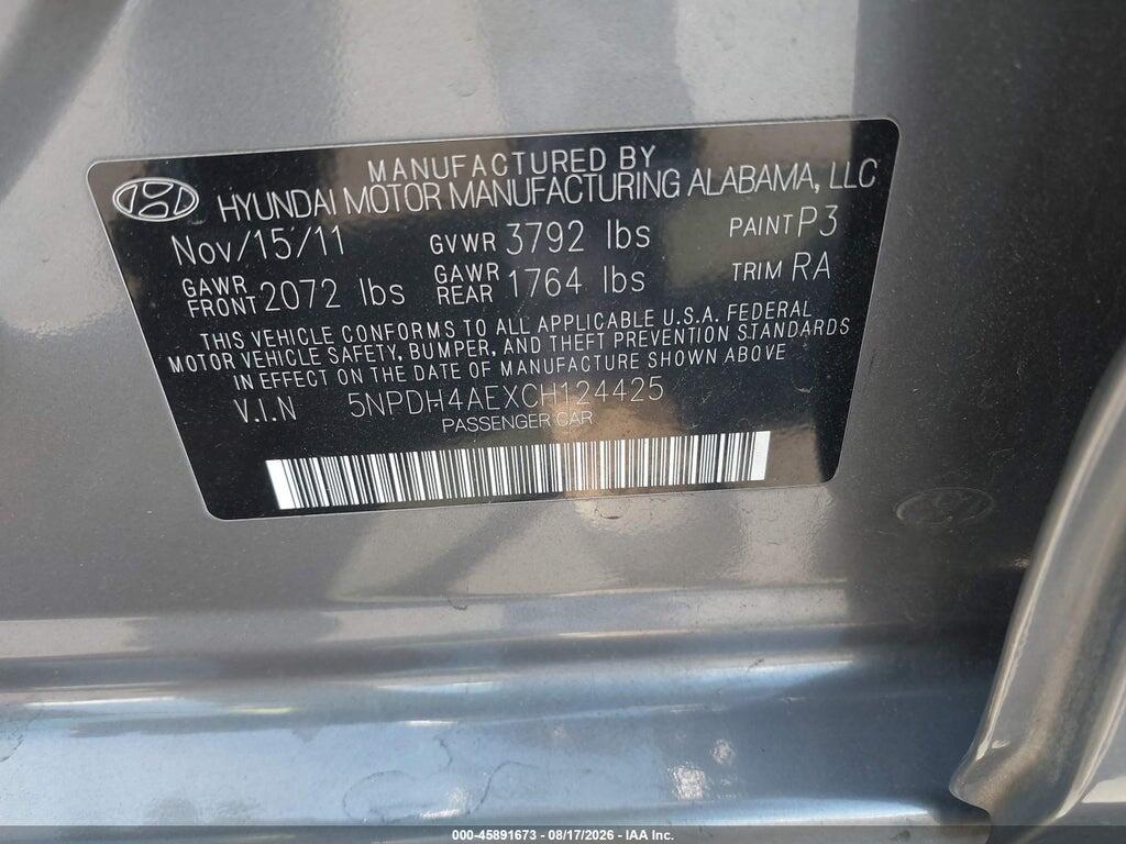 5NPDH4AEXCH124425 2012 HYUNDAI ELANTRA photo no. 9