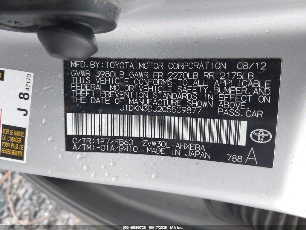 JTDKN3DU2C5509877 2012 TOYOTA PRIUS photo no. 9