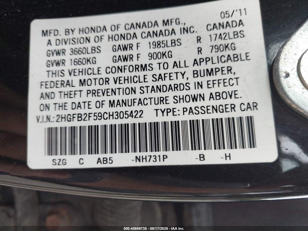 2HGFB2F59CH305422 2012 HONDA CIVIC photo no. 9