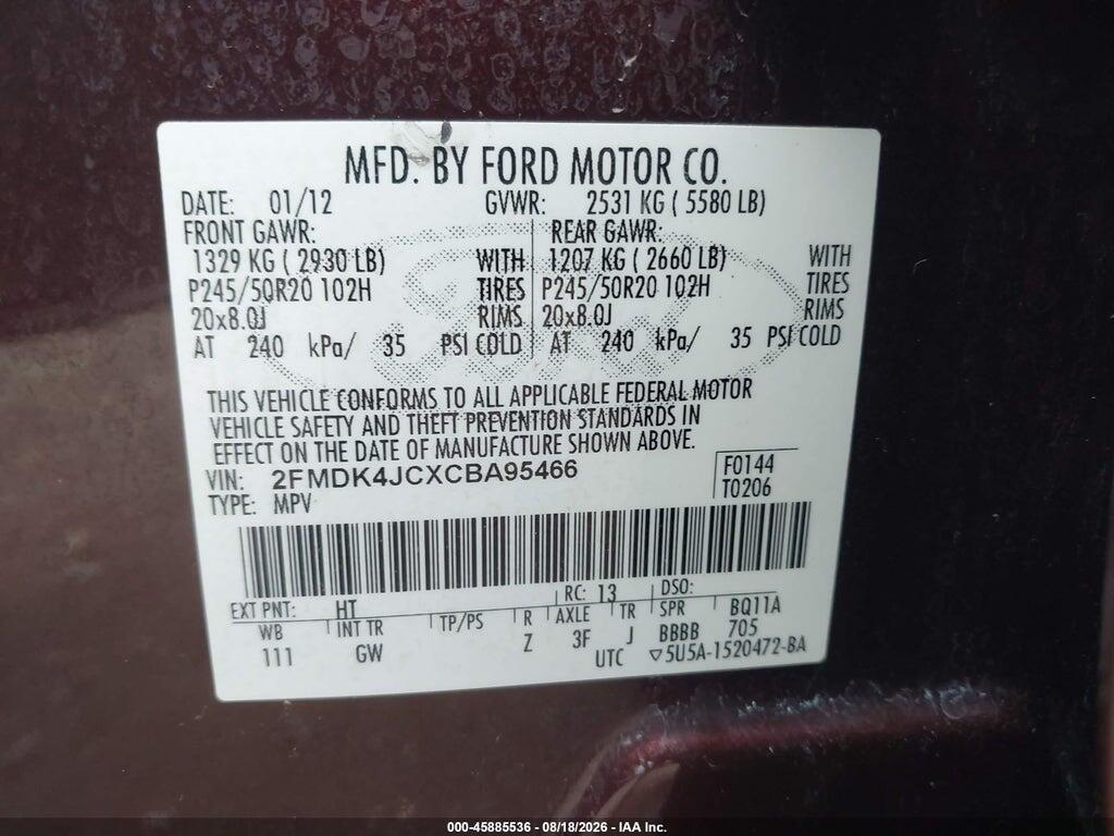 2FMDK4JCXCBA95466 2012 FORD EDGE photo no. 9