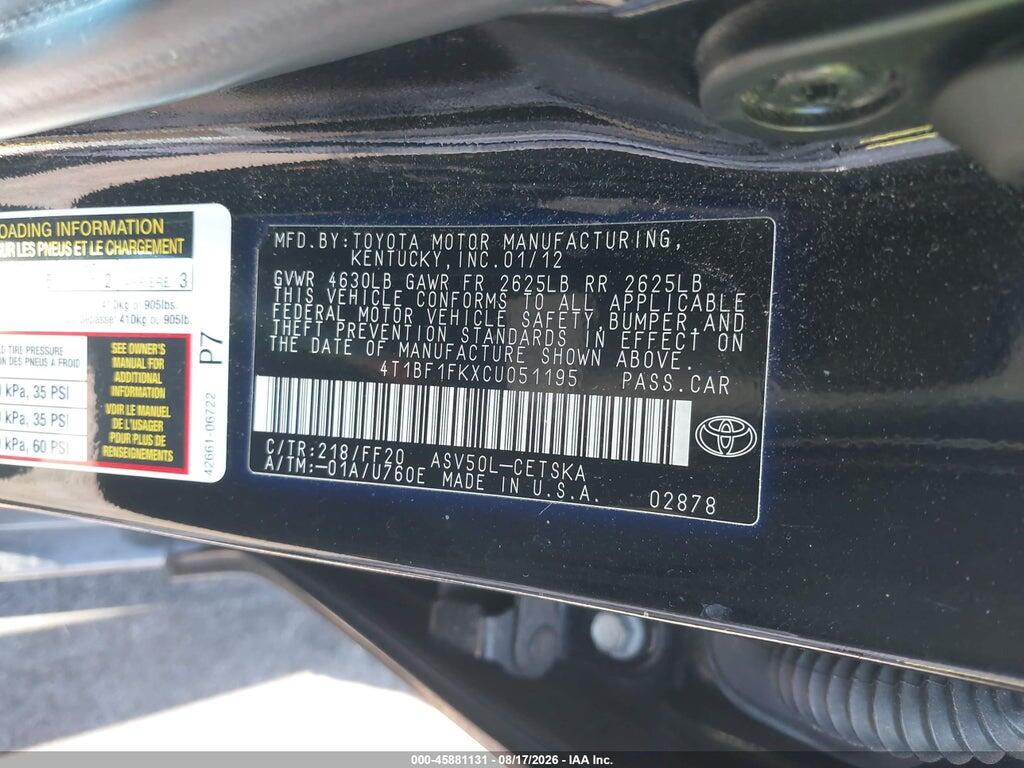 4T1BF1FKXCU051195 2012 TOYOTA CAMRY photo no. 9