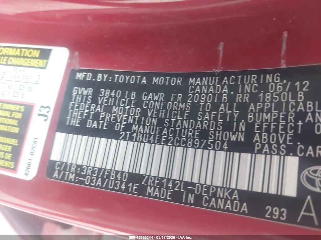 2T1BU4EE2CC897504 2012 TOYOTA COROLLA photo no. 9
