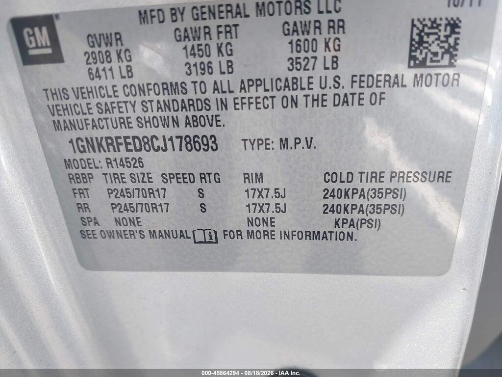 1GNKRFED8CJ178693 2012 CHEVROLET TRAVERSE photo no. 9