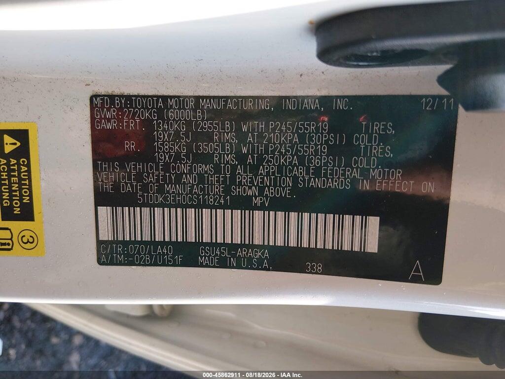 5TDDK3EH0CS118241 2012 TOYOTA HIGHLANDER photo no. 9