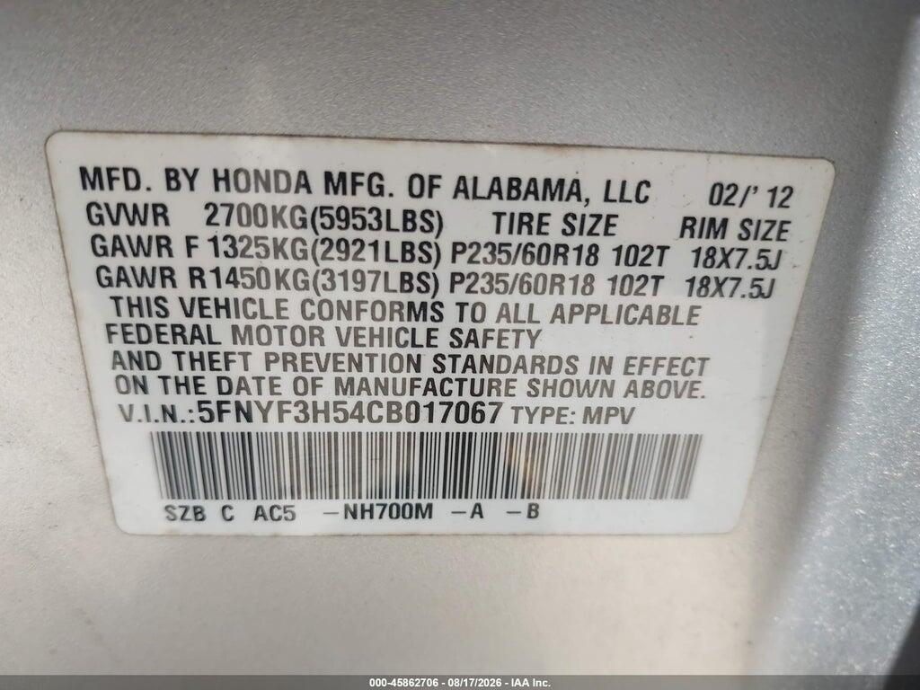 5FNYF3H54CB017067 2012 HONDA PILOT photo no. 9