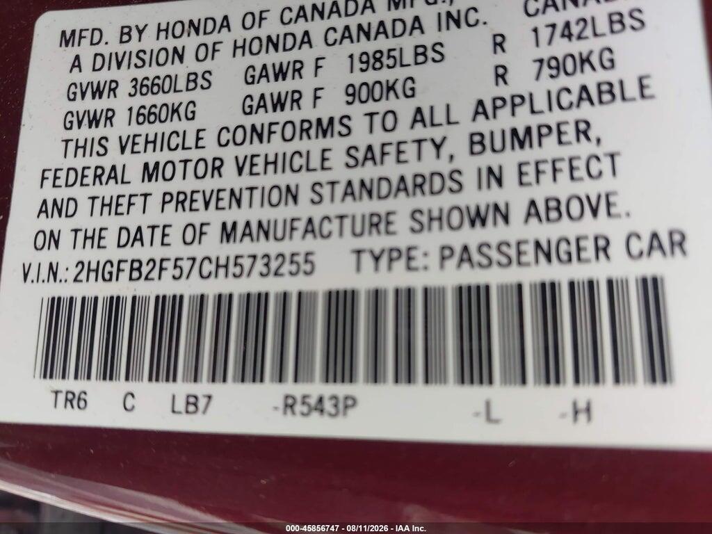 2HGFB2F57CH573255 2012 HONDA CIVIC photo no. 9