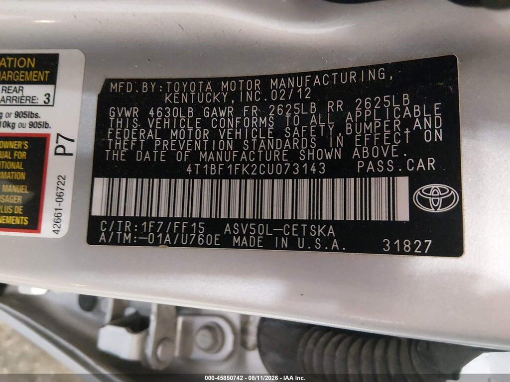 4T1BF1FK2CU073143 2012 TOYOTA CAMRY photo no. 9