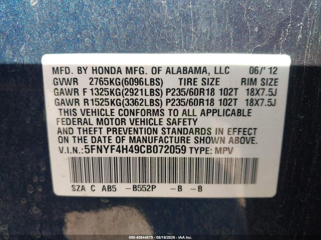 5FNYF4H49CB072059 2012 HONDA PILOT photo no. 9