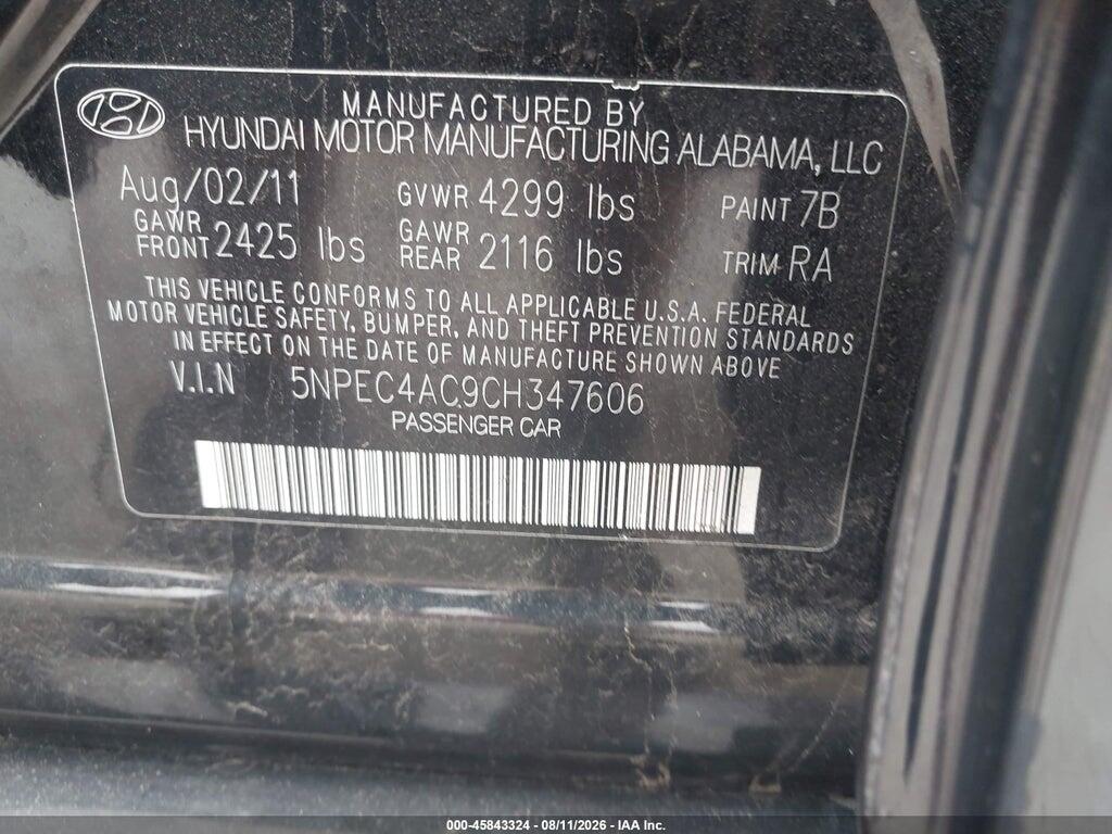 5NPEC4AC9CH347606 2012 HYUNDAI SONATA photo no. 9