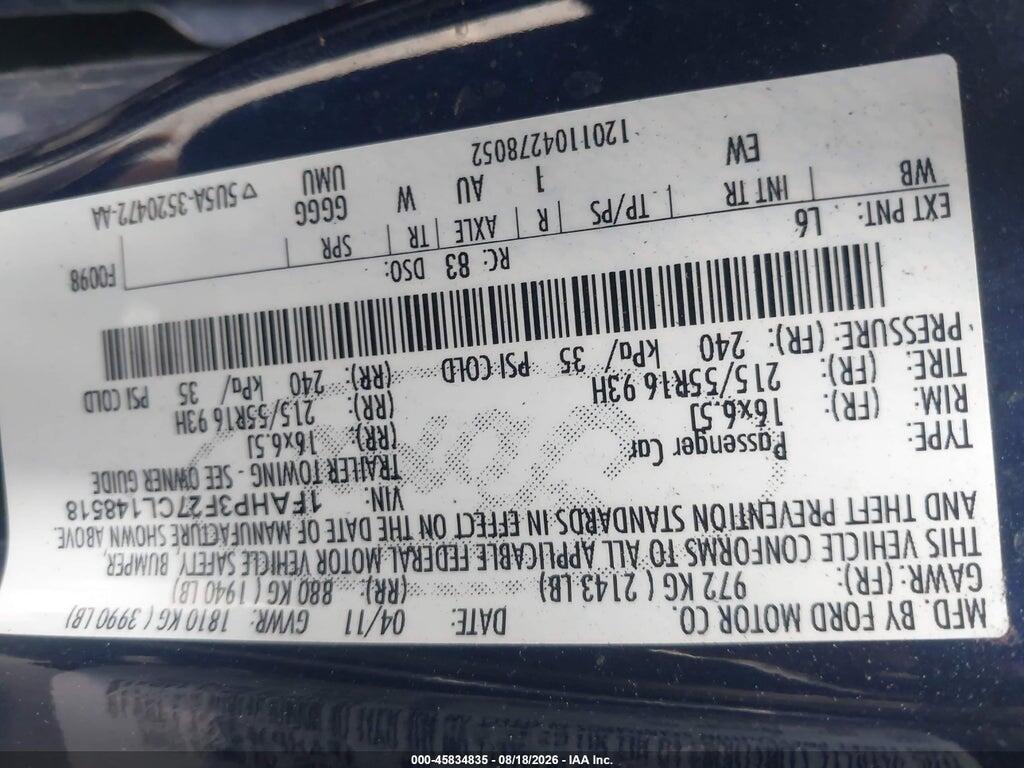1FAHP3F27CL148518 2012 FORD FOCUS photo no. 9