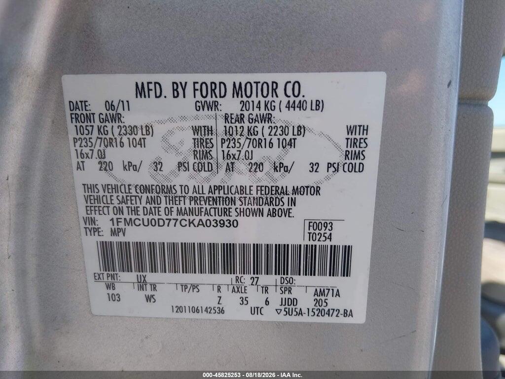 1FMCU0D77CKA03930 2012 FORD ESCAPE photo no. 9