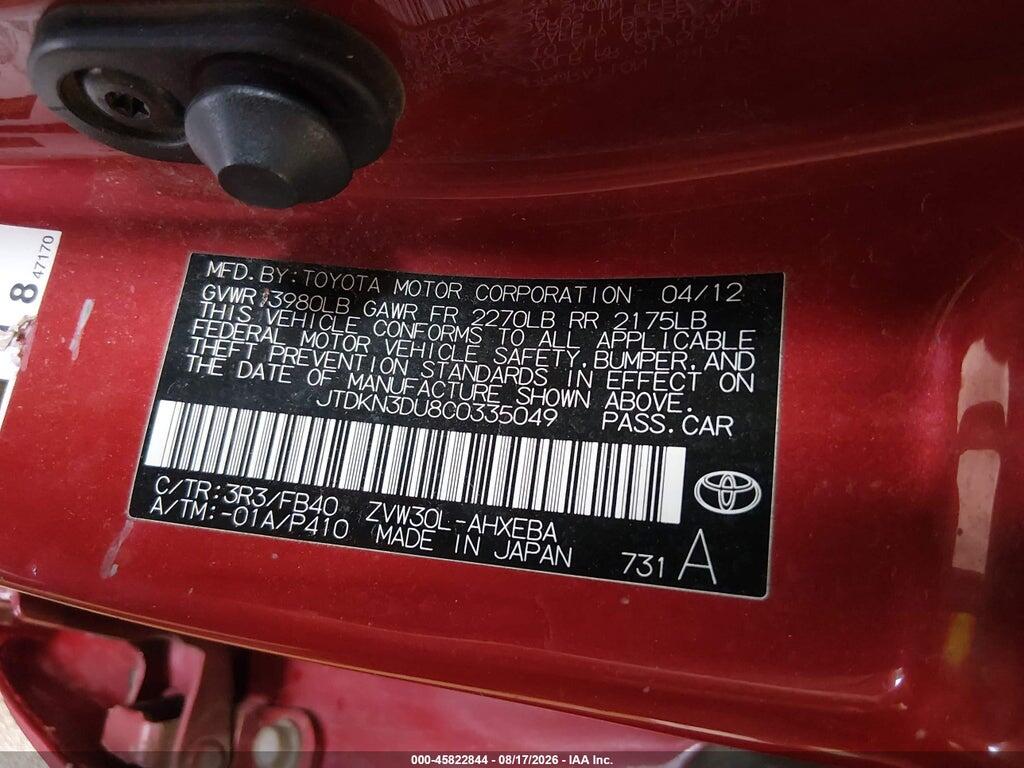 JTDKN3DU8C0335049 2012 TOYOTA PRIUS photo no. 9