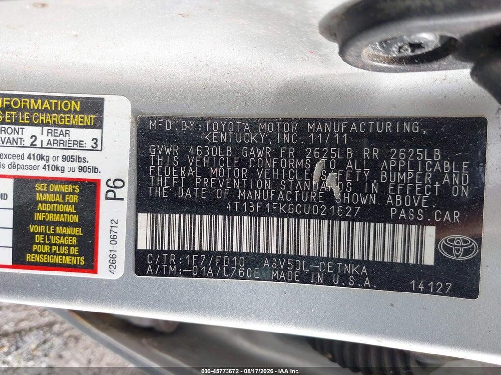 4T1BF1FK6CU021627 2012 TOYOTA CAMRY photo no. 9