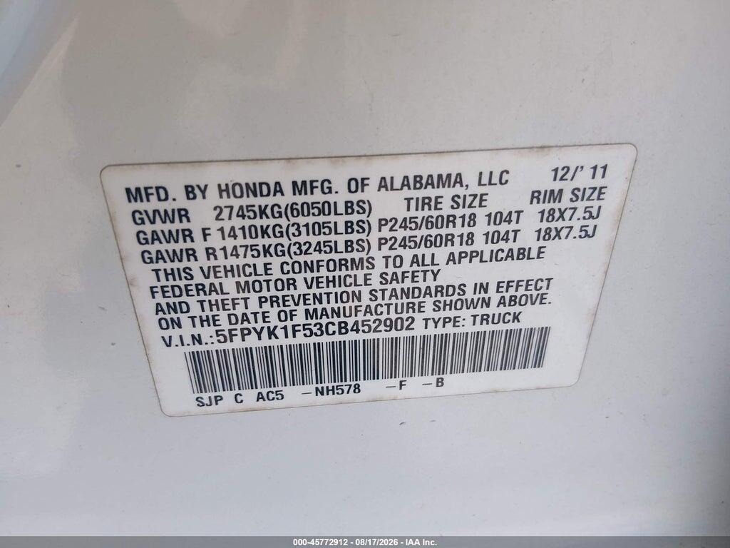 5FPYK1F53CB452902 2012 HONDA RIDGELINE photo no. 9