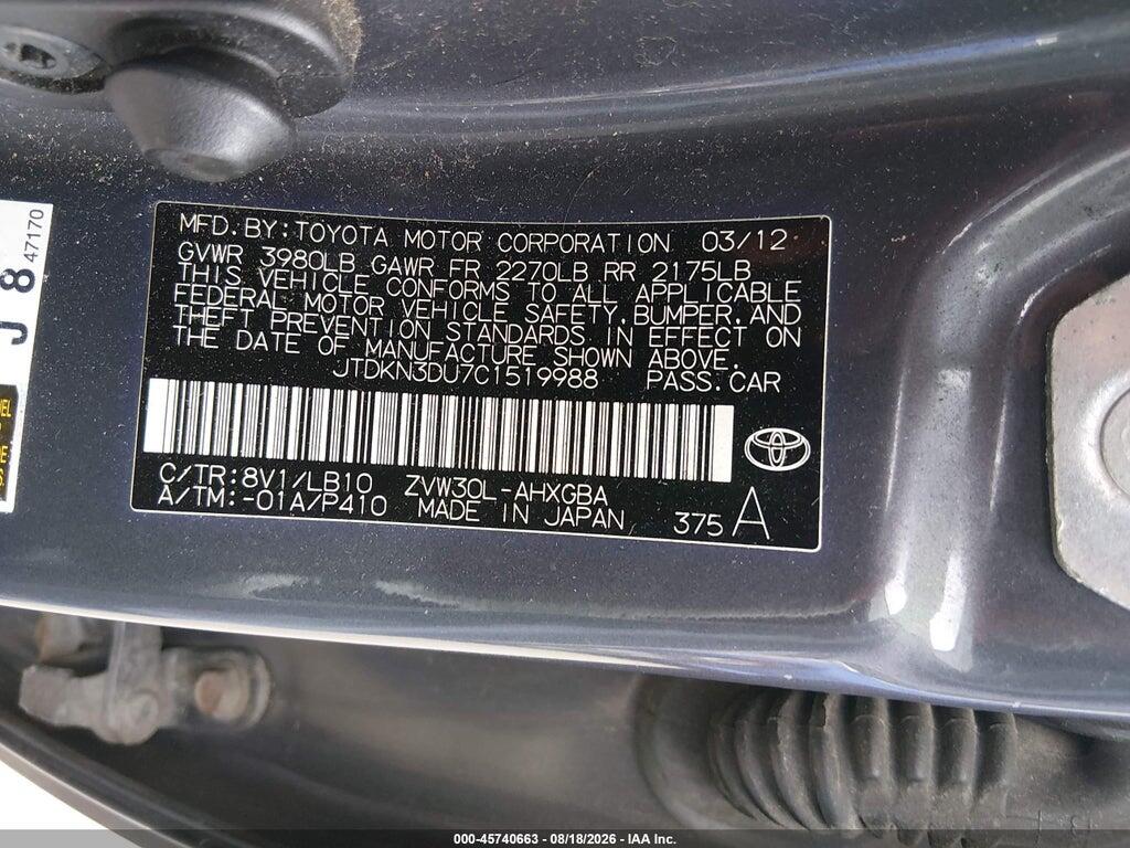 JTDKN3DU7C1519988 2012 TOYOTA PRIUS photo no. 9