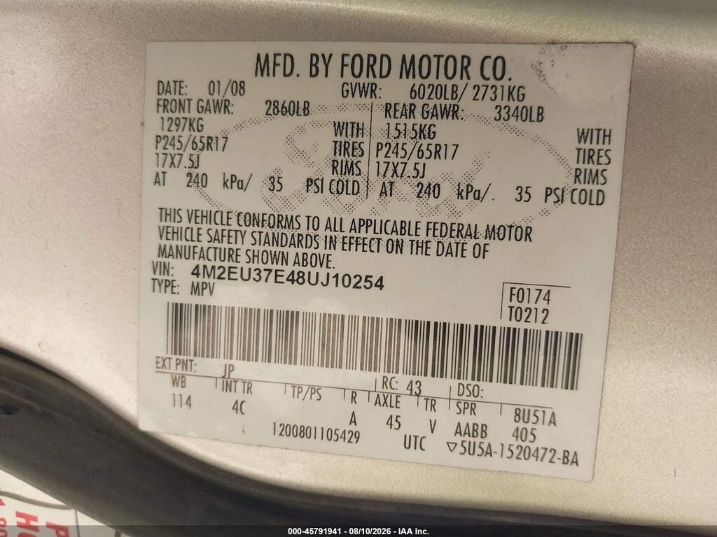 4M2EU37E48UJ10254 2008 MERCURY MOUNTAINEER photo no. 9
