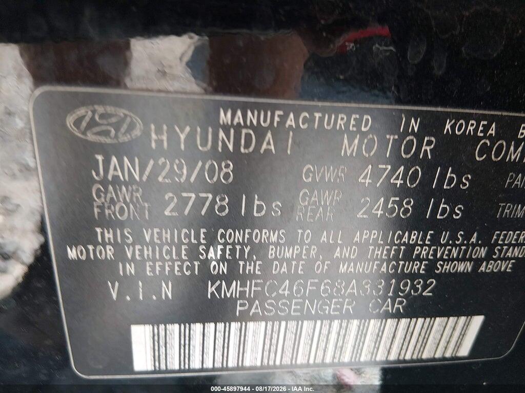 KMHFC46F68A331932 2008 HYUNDAI AZERA photo no. 9