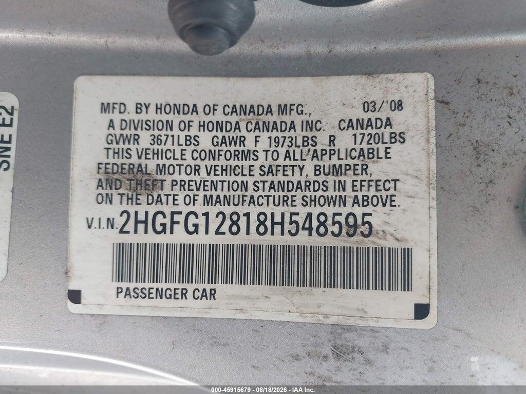 2HGFG12818H548595 2008 HONDA CIVIC photo no. 9