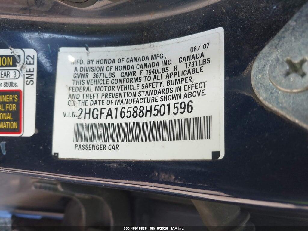 2HGFA16588H501596 2008 HONDA CIVIC photo no. 9