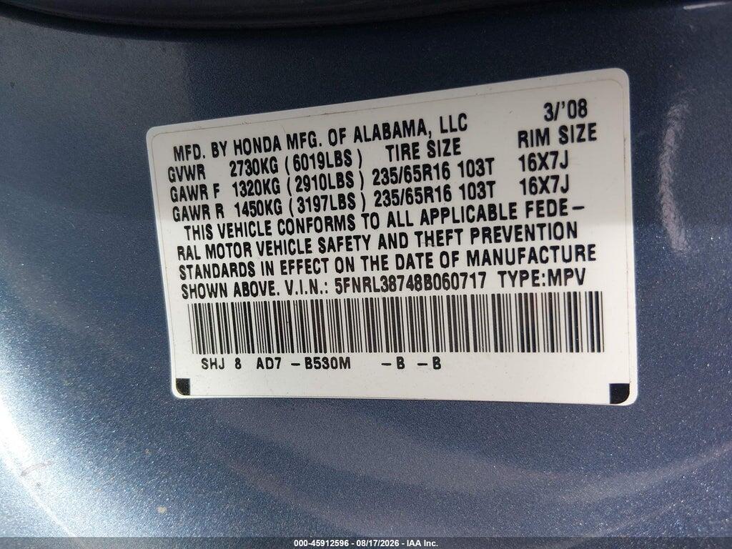 5FNRL38748B060717 2008 HONDA ODYSSEY photo no. 9