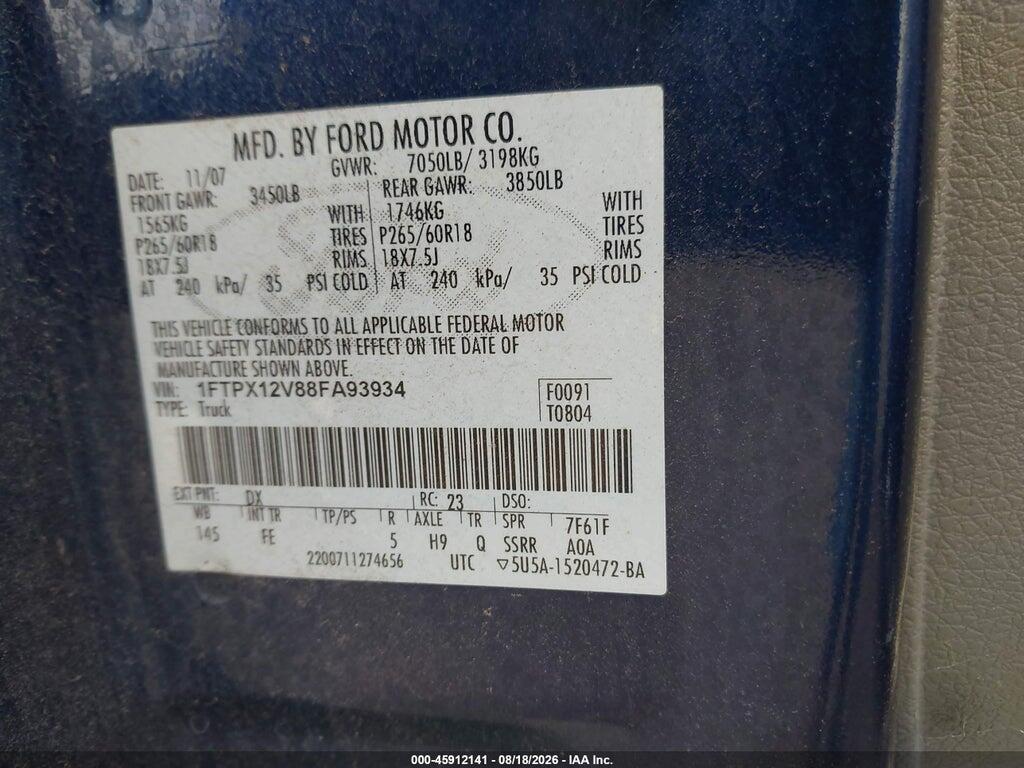 1FTPX12V88FA93934 2008 FORD F-150 photo no. 9