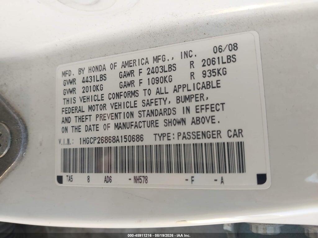 1HGCP26868A150686 2008 HONDA ACCORD photo no. 9