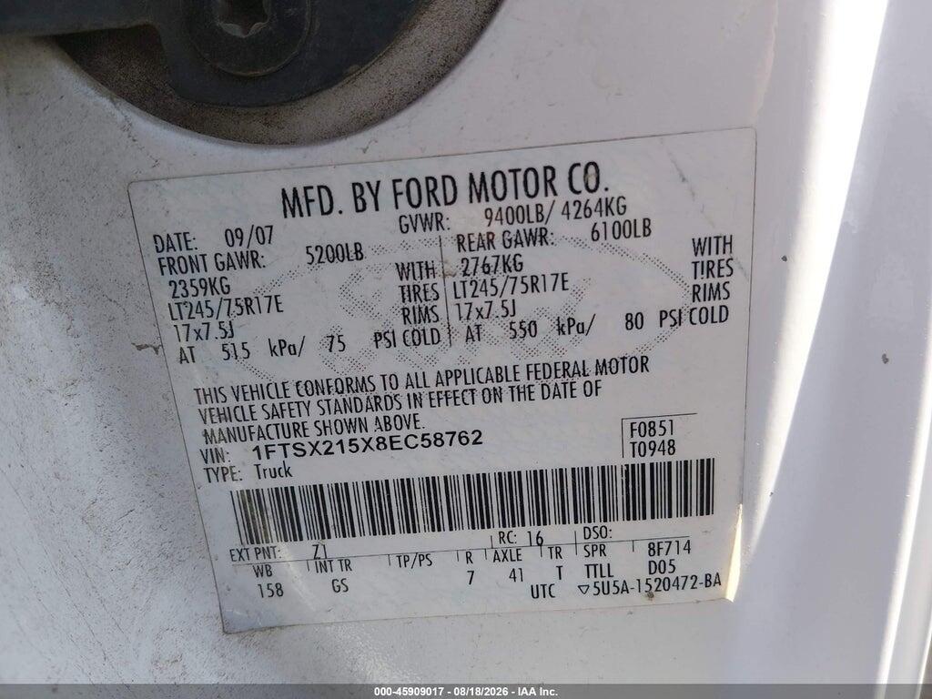 1FTSX215X8EC58762 2008 FORD SUPER DUTY F-250 SRW photo no. 9
