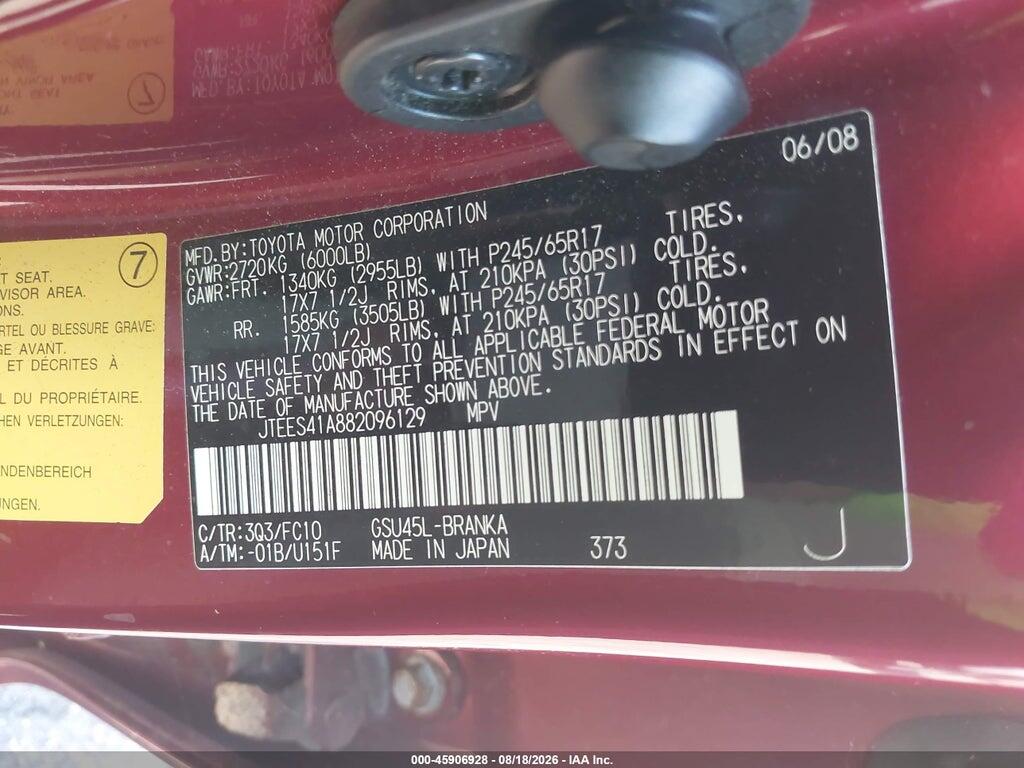 JTEES41A882096129 2008 TOYOTA HIGHLANDER photo no. 9