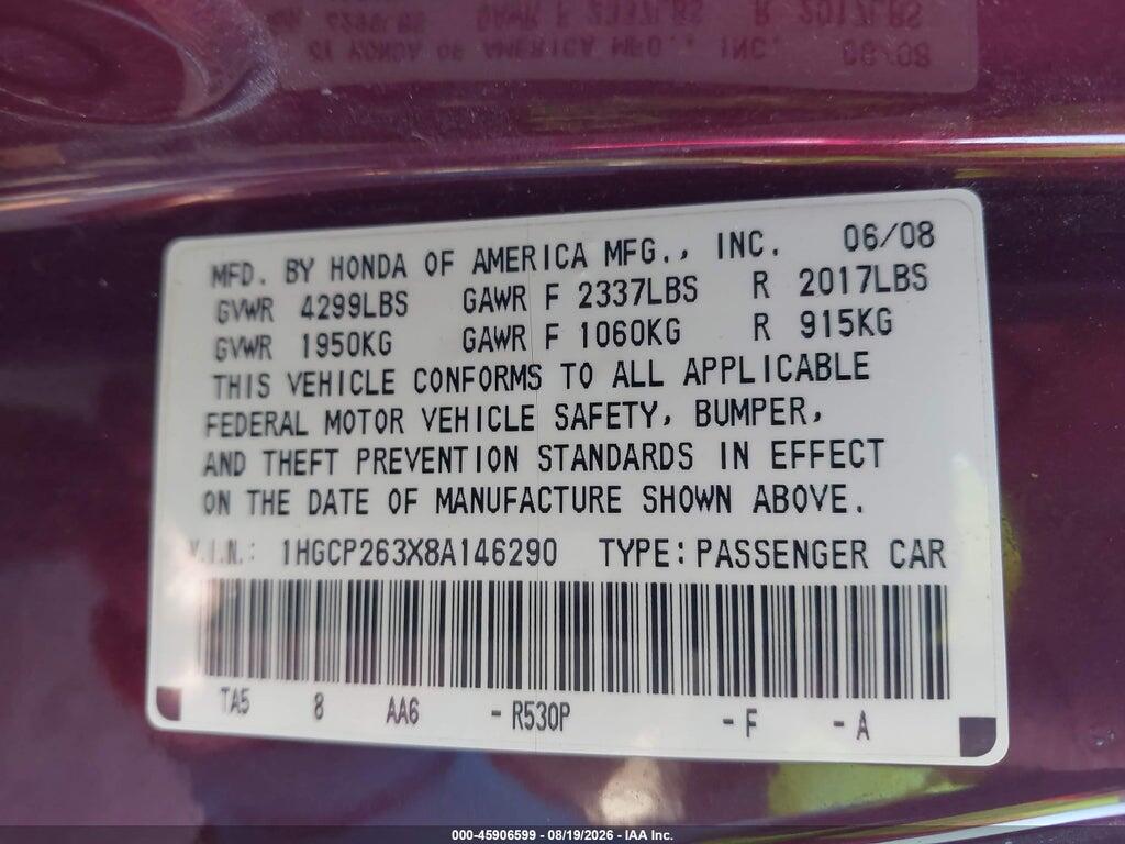1HGCP263X8A146290 2008 HONDA ACCORD photo no. 9