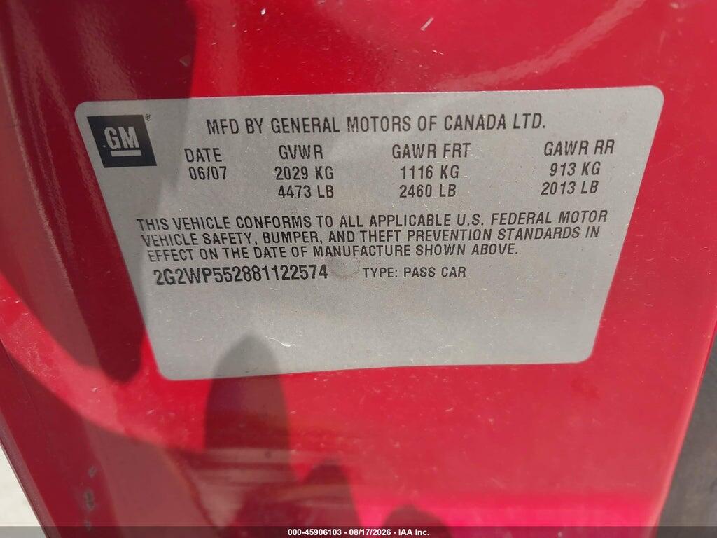 2G2WP552881122574 2008 PONTIAC GRAND PRIX photo no. 9