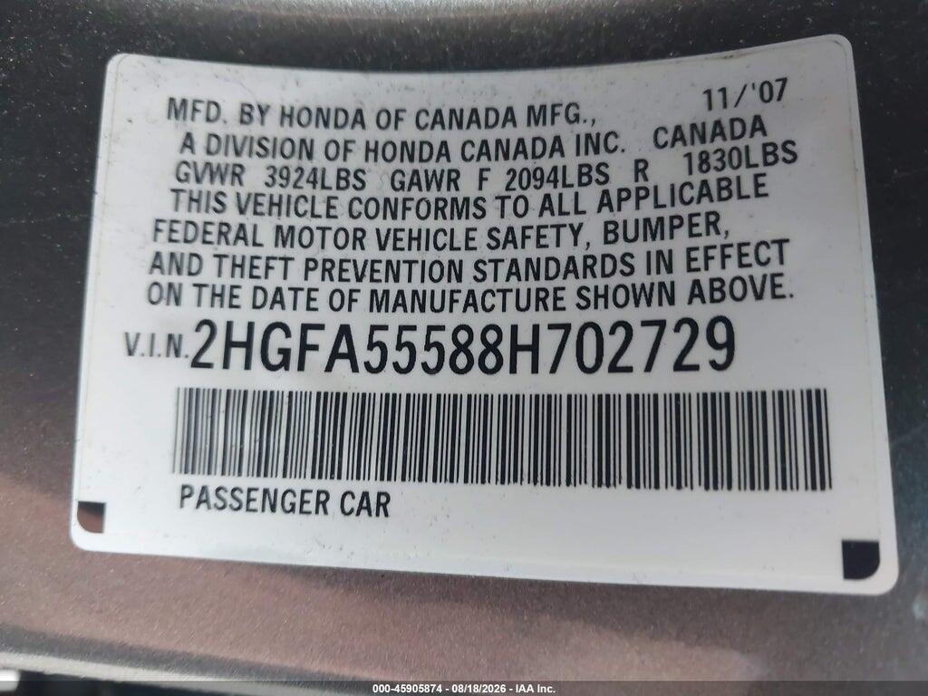 2HGFA55588H702729 2008 HONDA CIVIC photo no. 9
