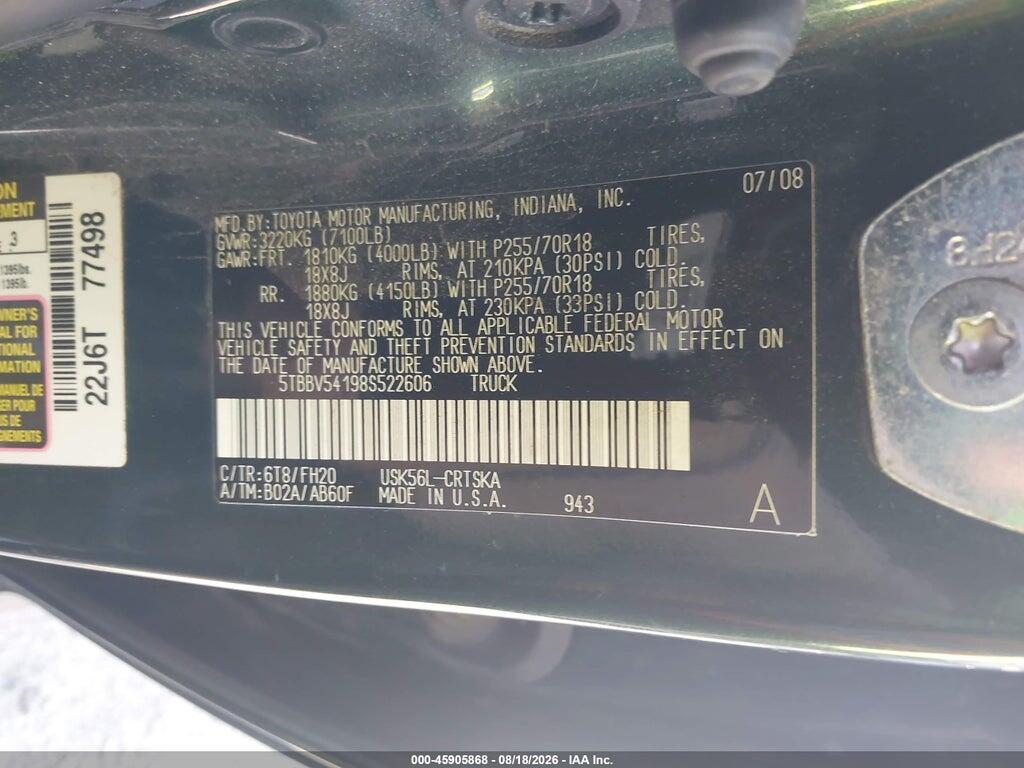 5TBBV54198S522606 2008 TOYOTA TUNDRA photo no. 9