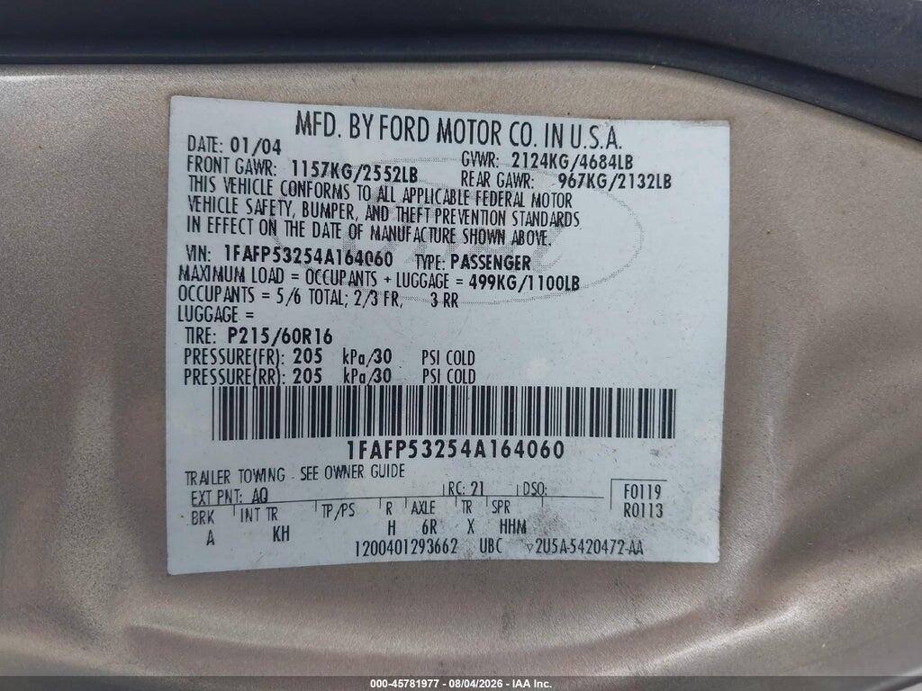 1FAFP53254A164060 2004 FORD TAURUS photo no. 9