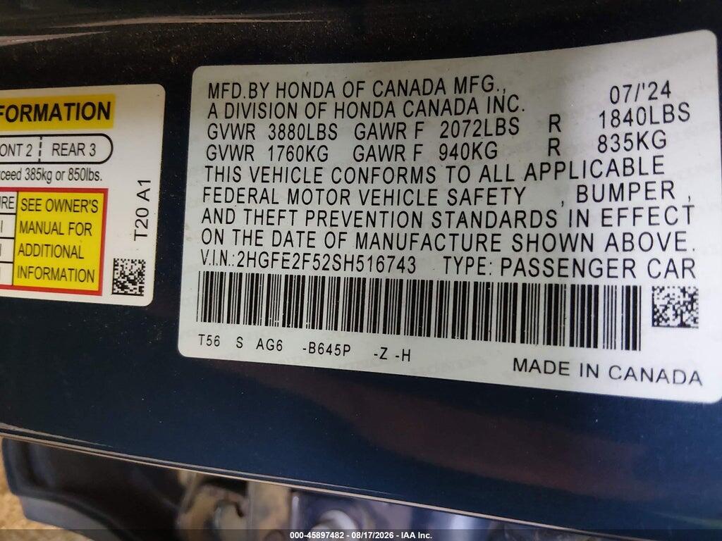 2HGFE2F52SH516743 2025 HONDA CIVIC photo no. 9