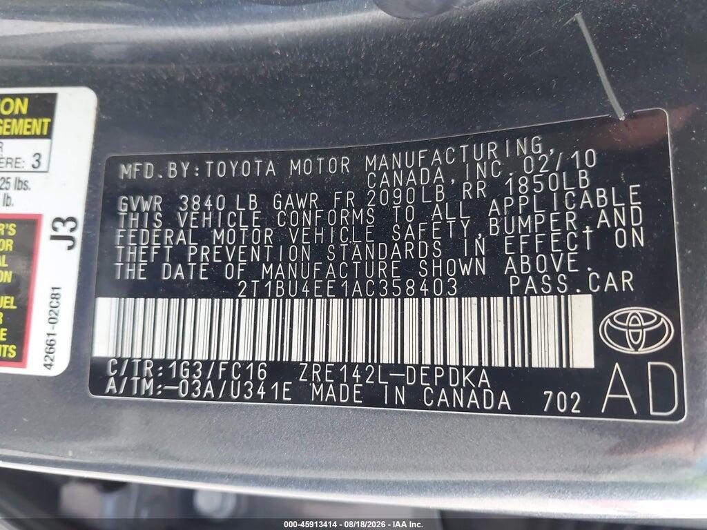 2T1BU4EE1AC358403 2010 TOYOTA COROLLA photo no. 9